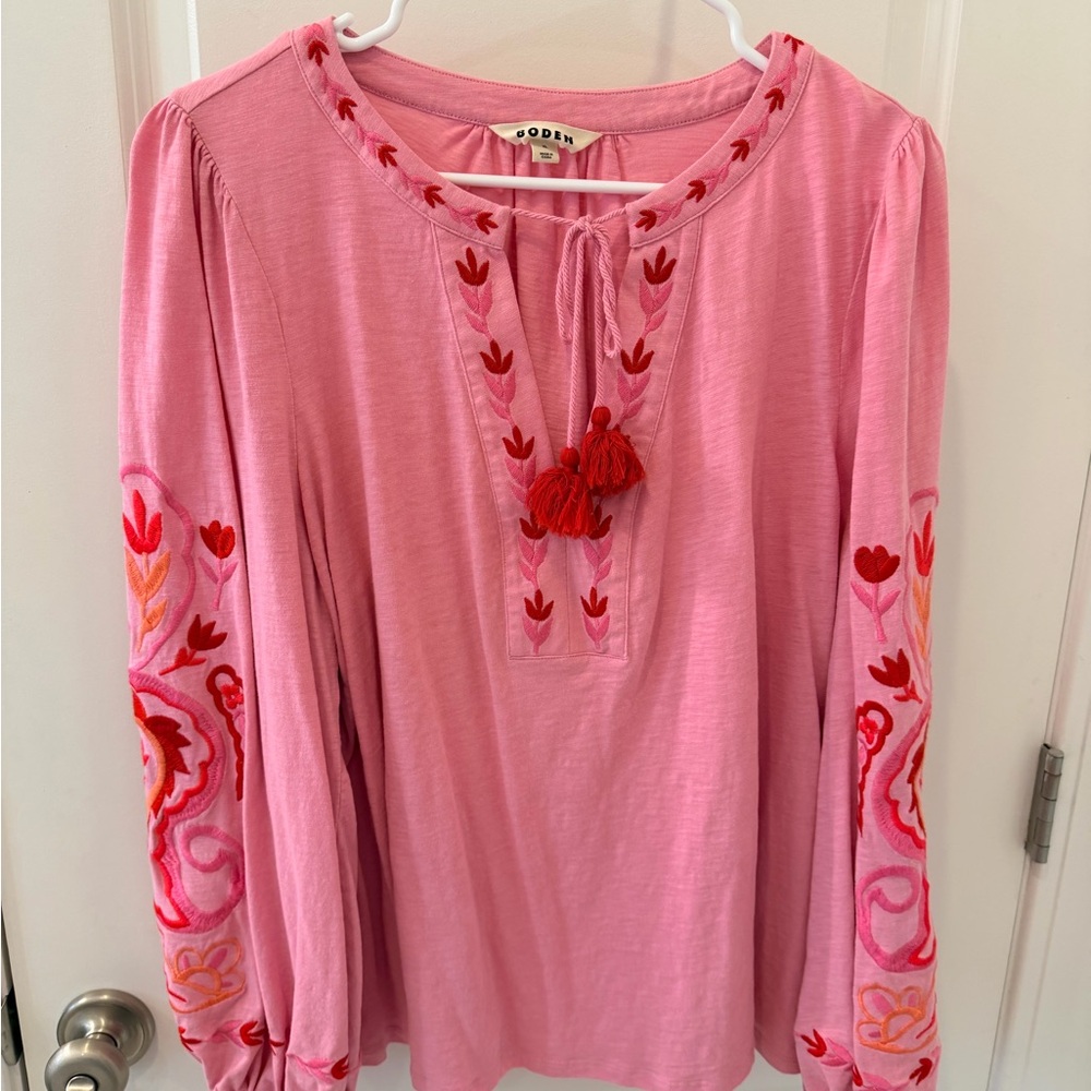 Boden Pink and Red Embroidered Blouse